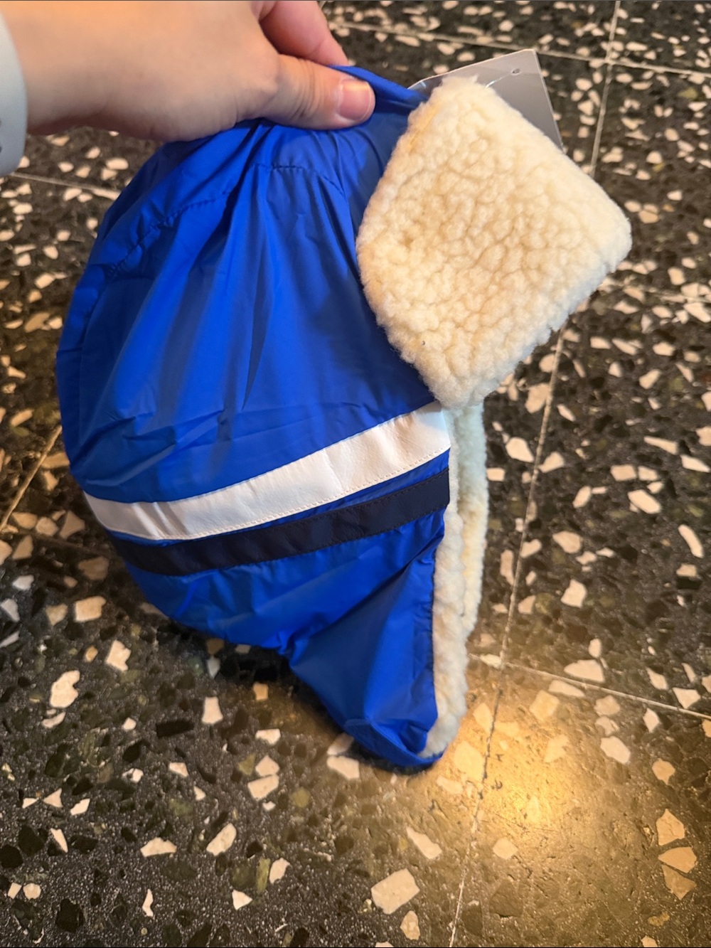 GAP Royal Blue Kids Faux-Shearling Trapper Hat with White Stripe